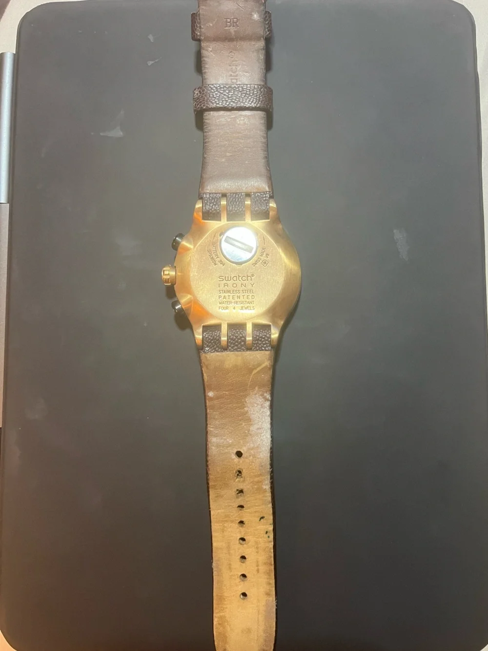 Swatch Gold-Tone Case Watch with Black Dial and Brown Strap V8  Four Jewels
